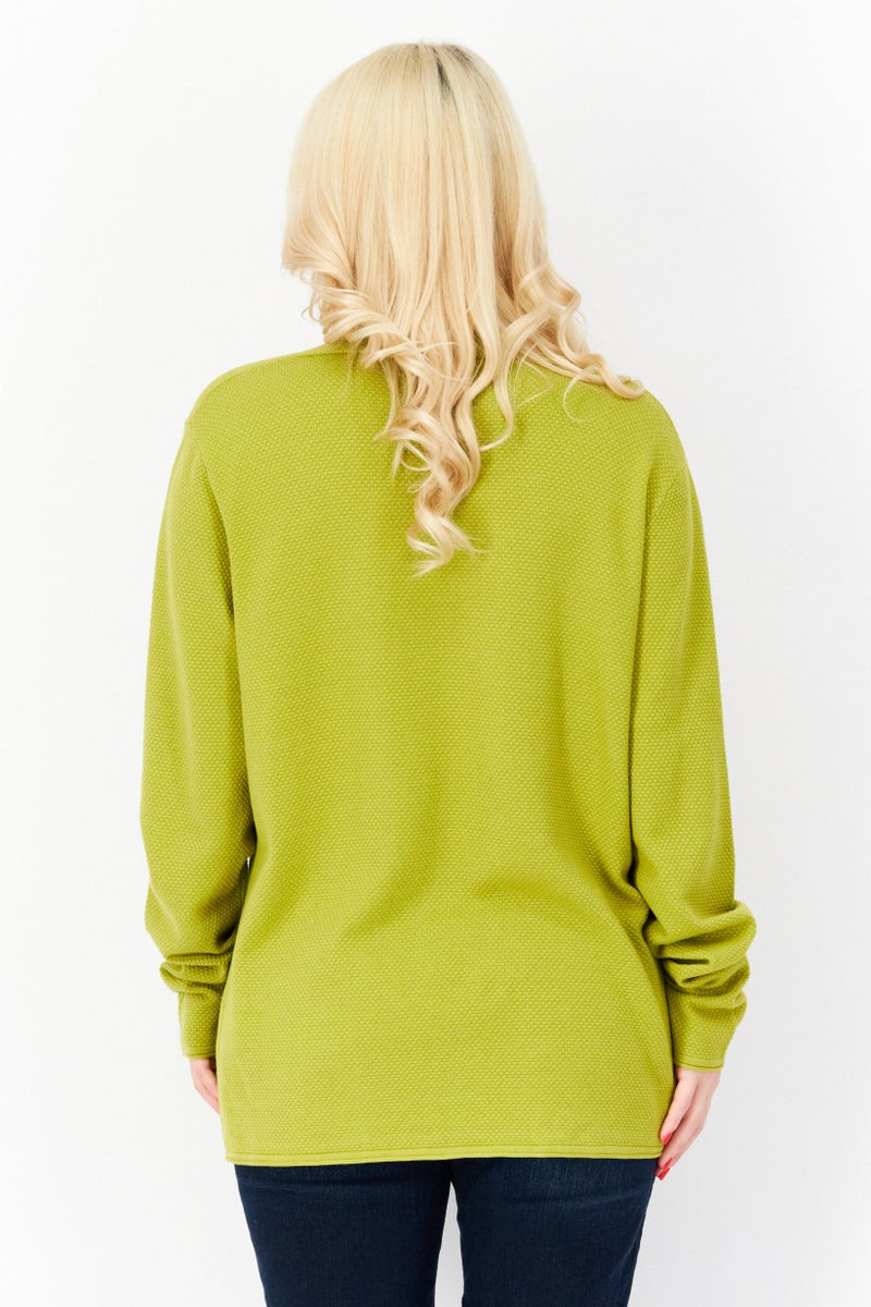 Zero Women Split Neck Long Sleeve Textured Open Front Cardigan, Olive - Image 2